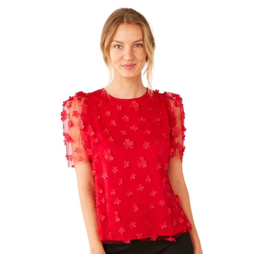 Abbey Glass $155 Marty Top Red 3D Floral Applique Tulle Size XS